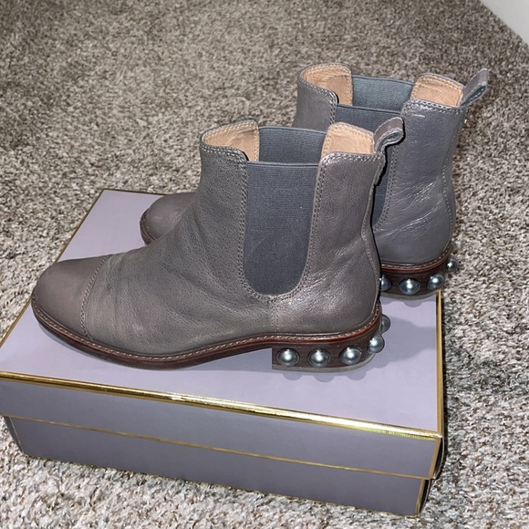 Shiny Gray Leather Ankle Boots w/ Pearls - Picture 1 of 6